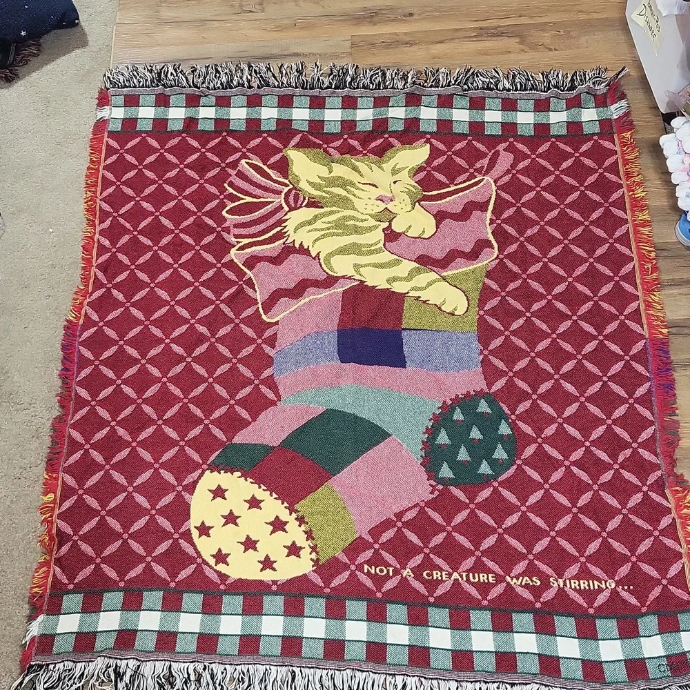 NOT A CREATURE WAS STIRRING Cat in Christmas Stocking Woven Blanket Throw